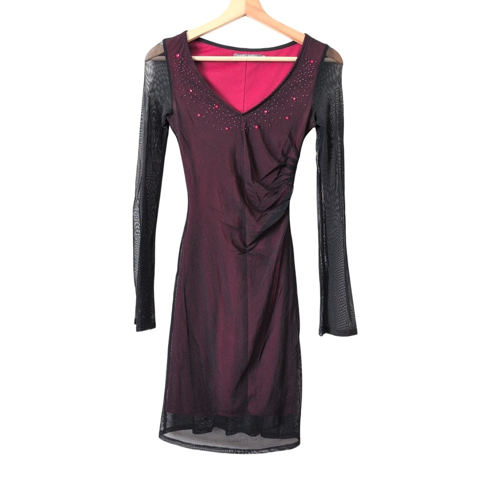 Bisou Bisou Mesh Dress XS Burgundy Black Ruched Y2K Whimsygoth Vamp Romantic